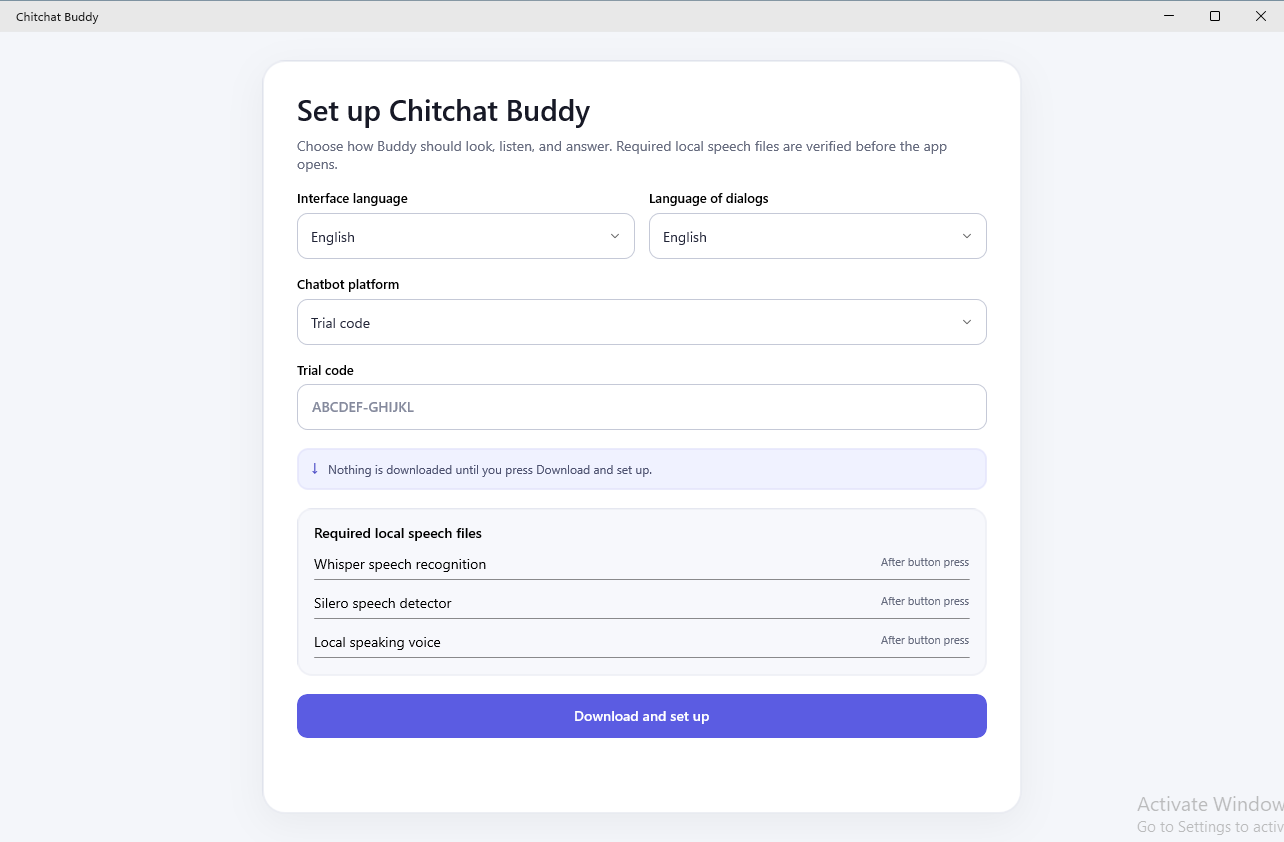 Chitchat Buddy welcome screen with editable interface language, conversation language, AI provider, and trial code fields