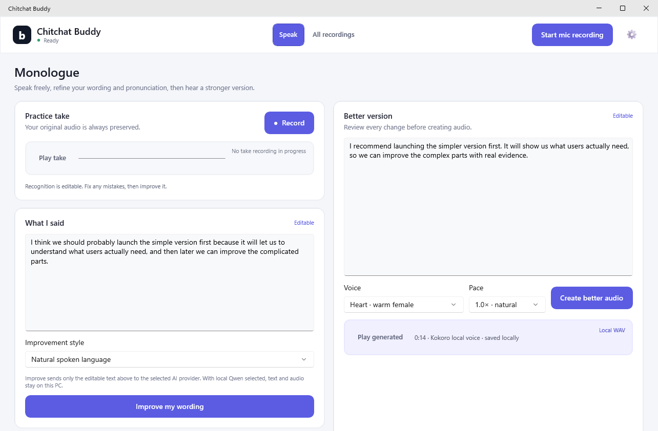 Buddy monologue trainer comparing the editable original speech with a clearer improved version